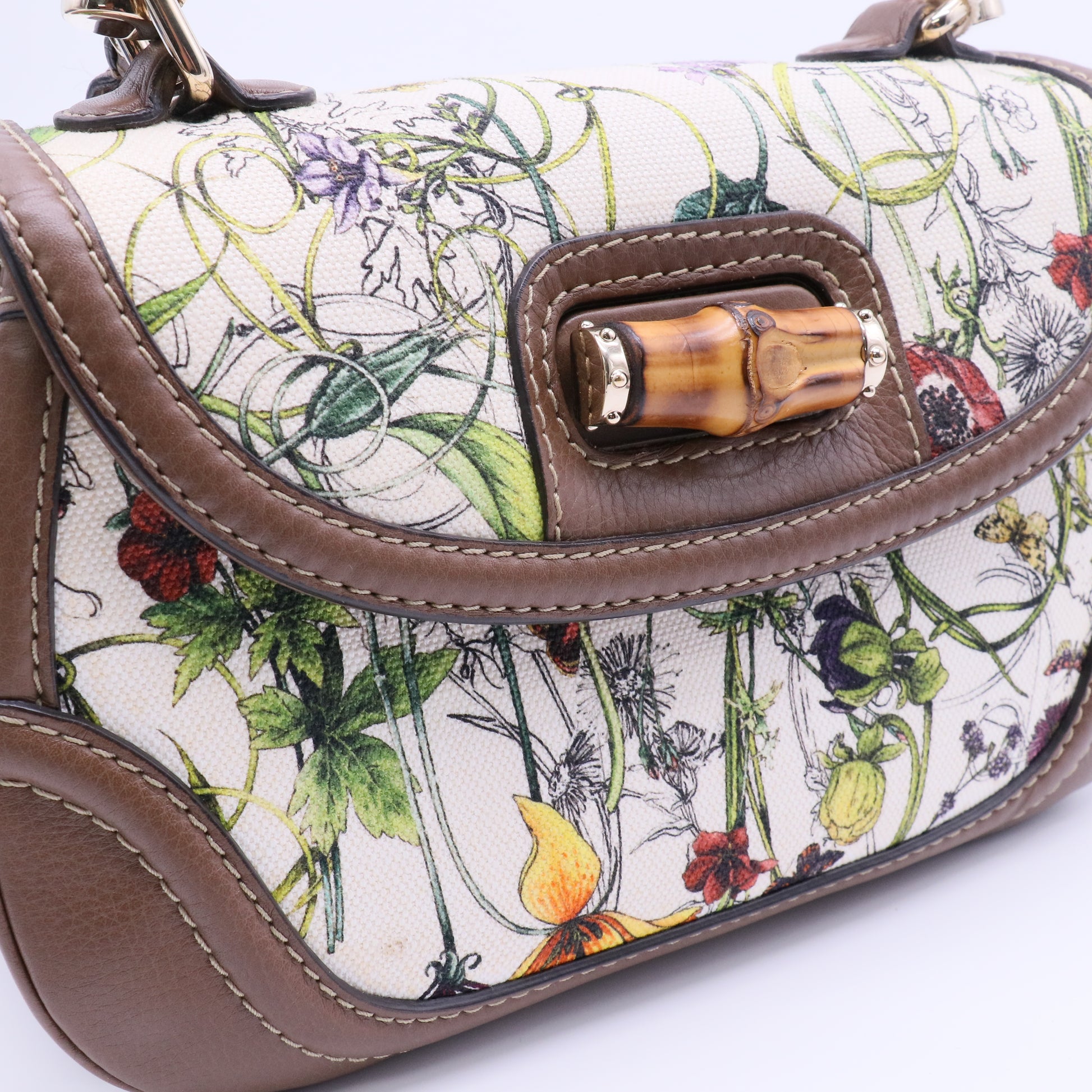 Multicolor Floral Canvas and Leather Medium Tassel New Bamboo Top Handle Bag Twins LDJ4064