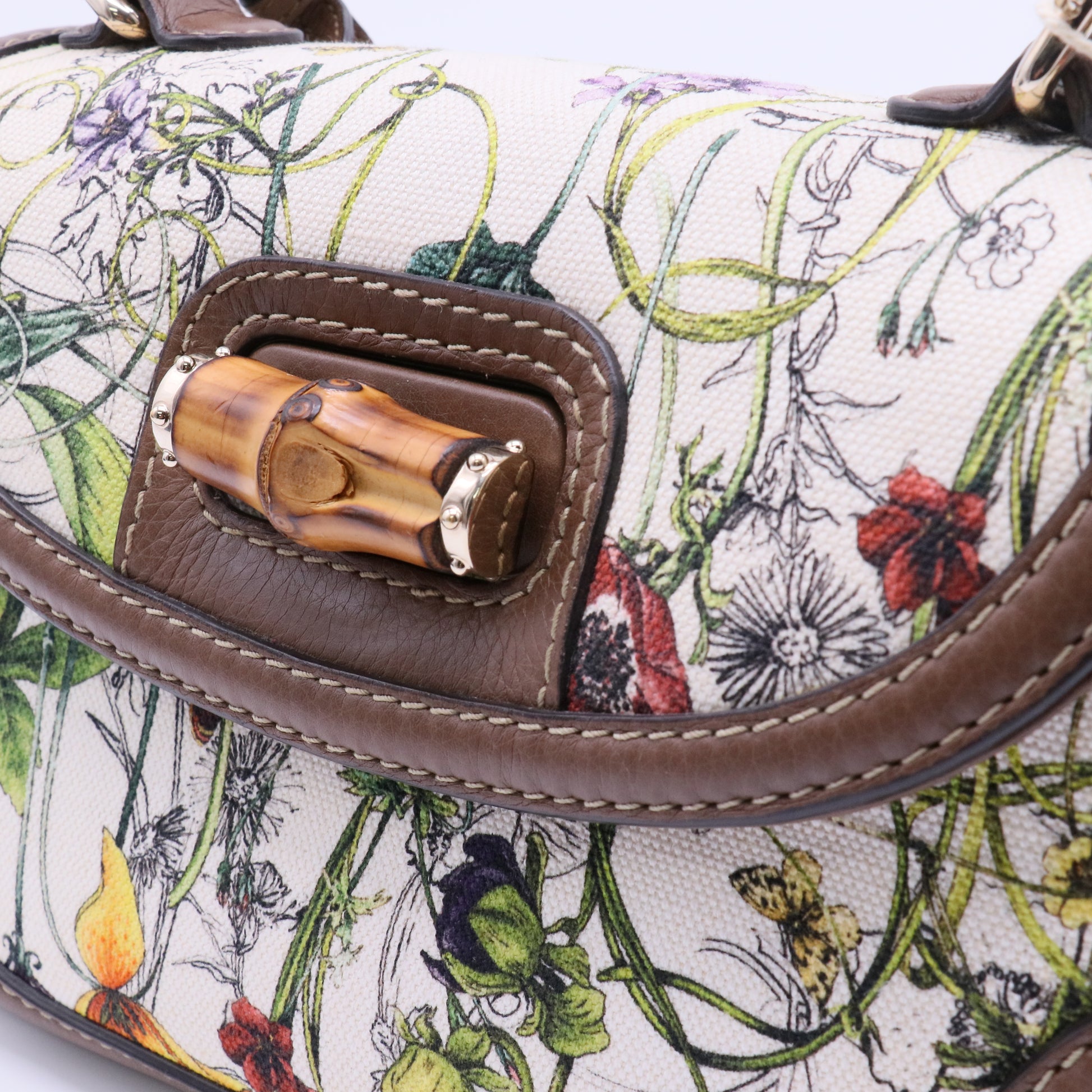 Multicolor Floral Canvas and Leather Medium Tassel New Bamboo Top Handle Bag Twins LDJ4064