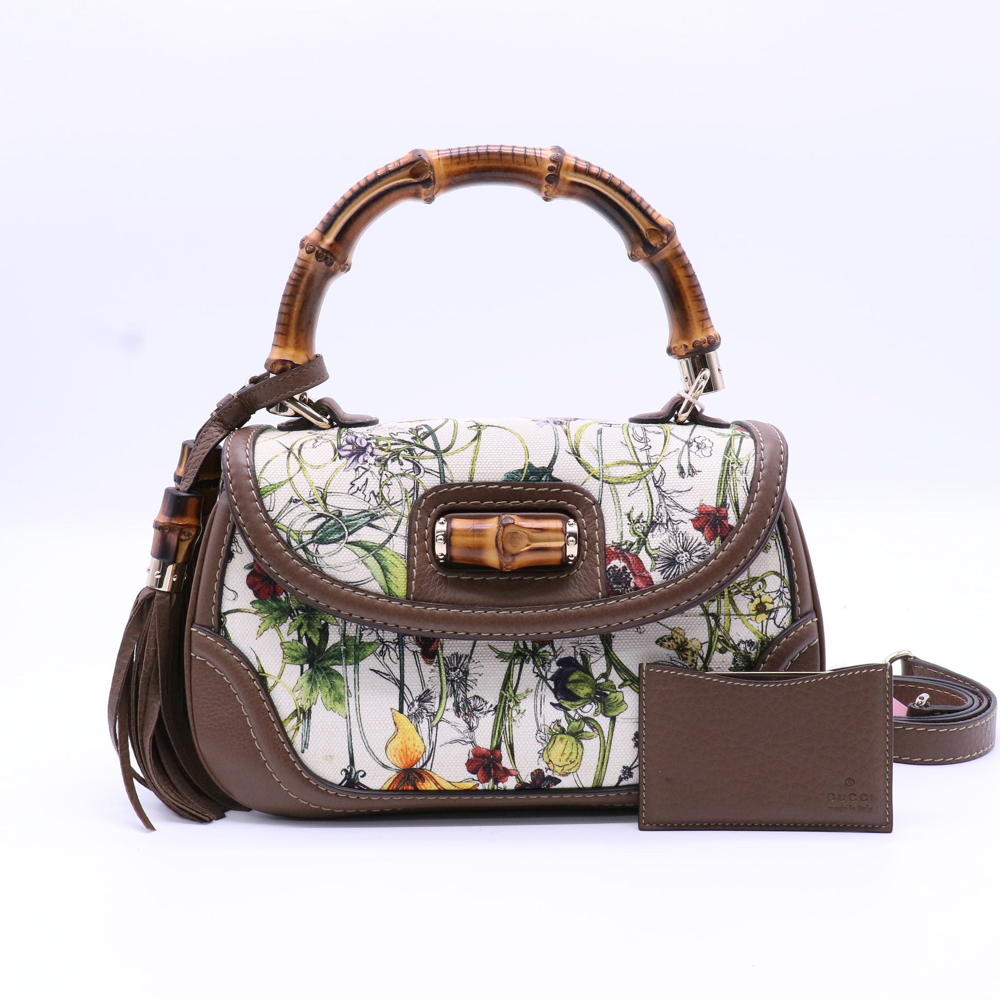 Multicolor Floral Canvas and Leather Medium Tassel New Bamboo Top Handle Bag Twins LDJ4064