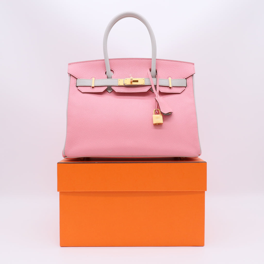 Rose Sakura and Gris Perle Chèvre Special Order HSS Birkin 30 Brushed Gold Hardware B23284