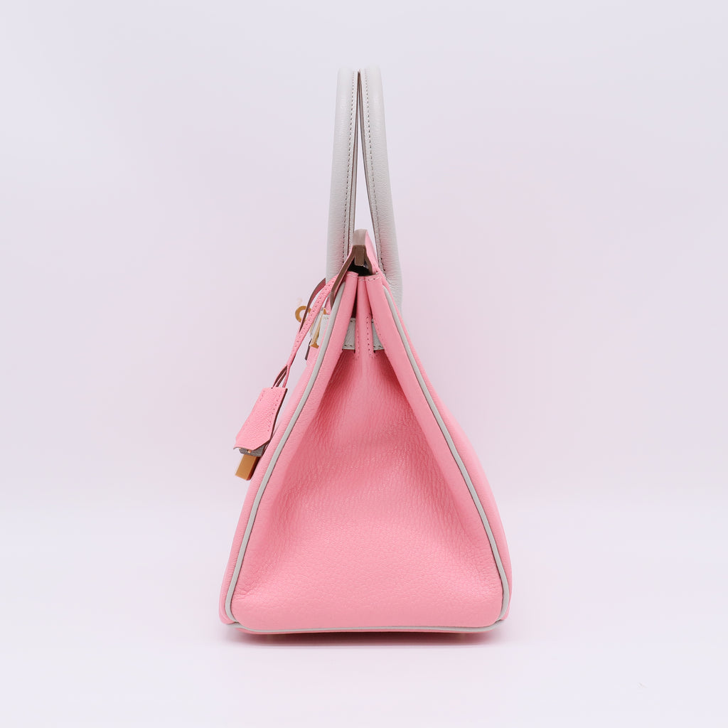 Rose Sakura and Gris Perle Chèvre Special Order HSS Birkin 30 Brushed Gold Hardware B23284