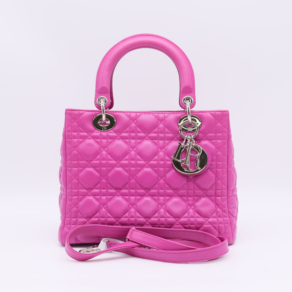 Christian Dior Lambskin Cannage Medium Lady Dior Bag in Fuchsia Pink B23216