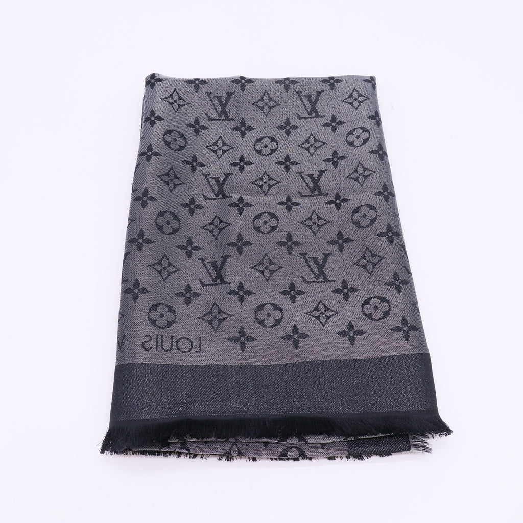Black/Silver Monogram Silk/Wool Shine Shawl Scarf W23023