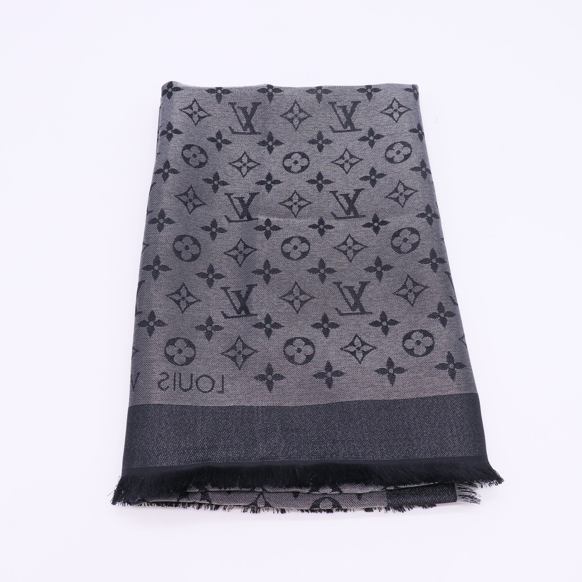 Black/Silver Monogram Silk/Wool Shine Shawl Scarf W23023