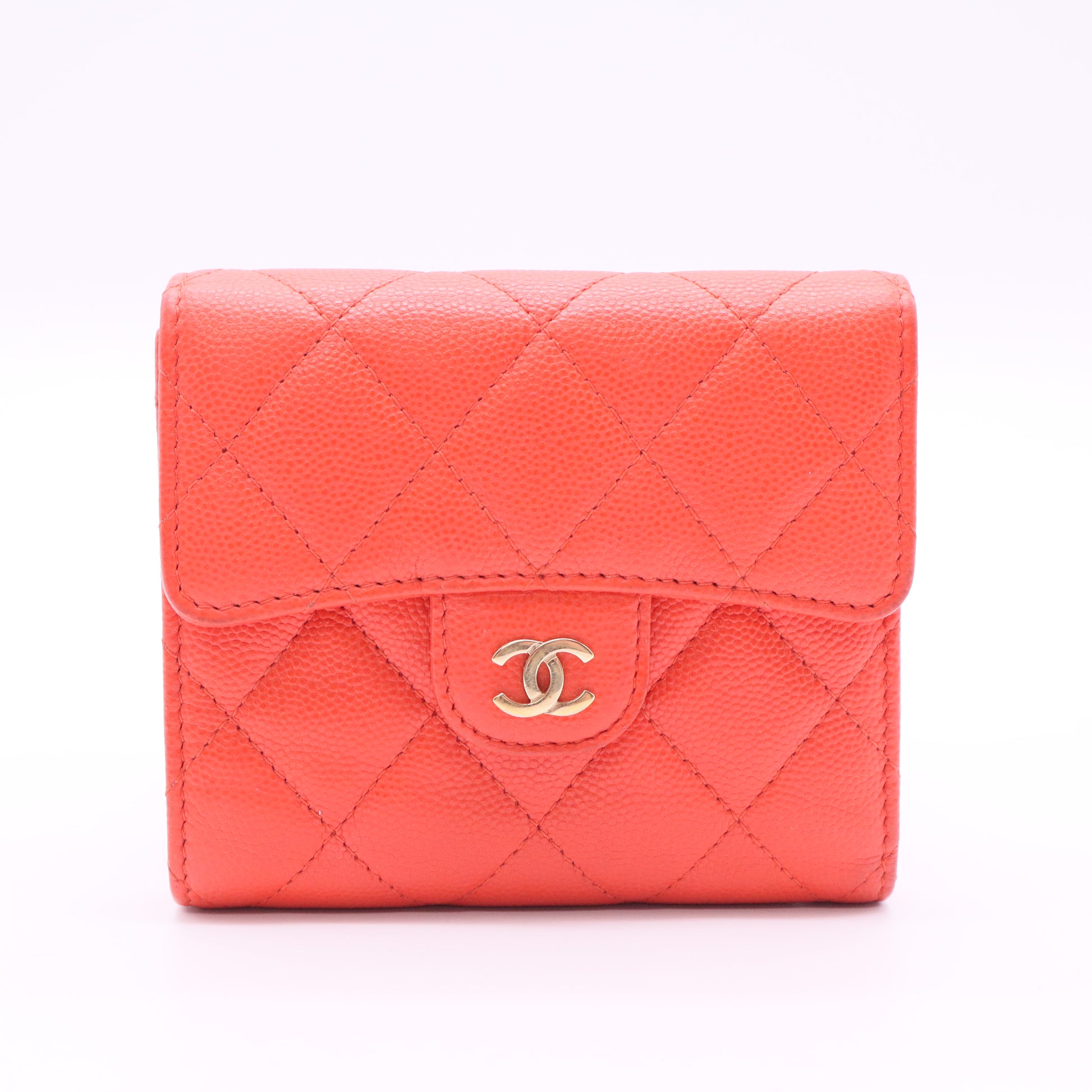 CHANEL Quilted Leather Wallet with Gold Buckle Red twins