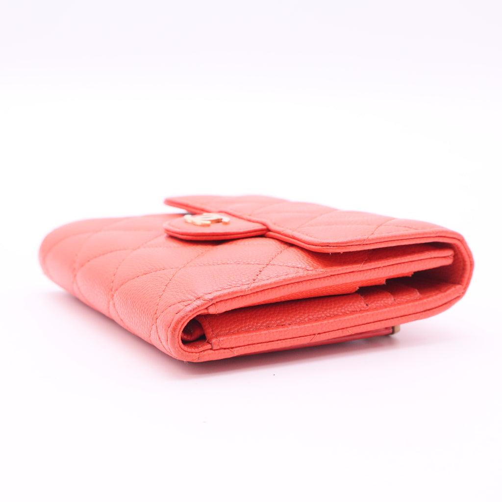 CHANEL Quilted Leather Wallet with Gold Buckle Red twins