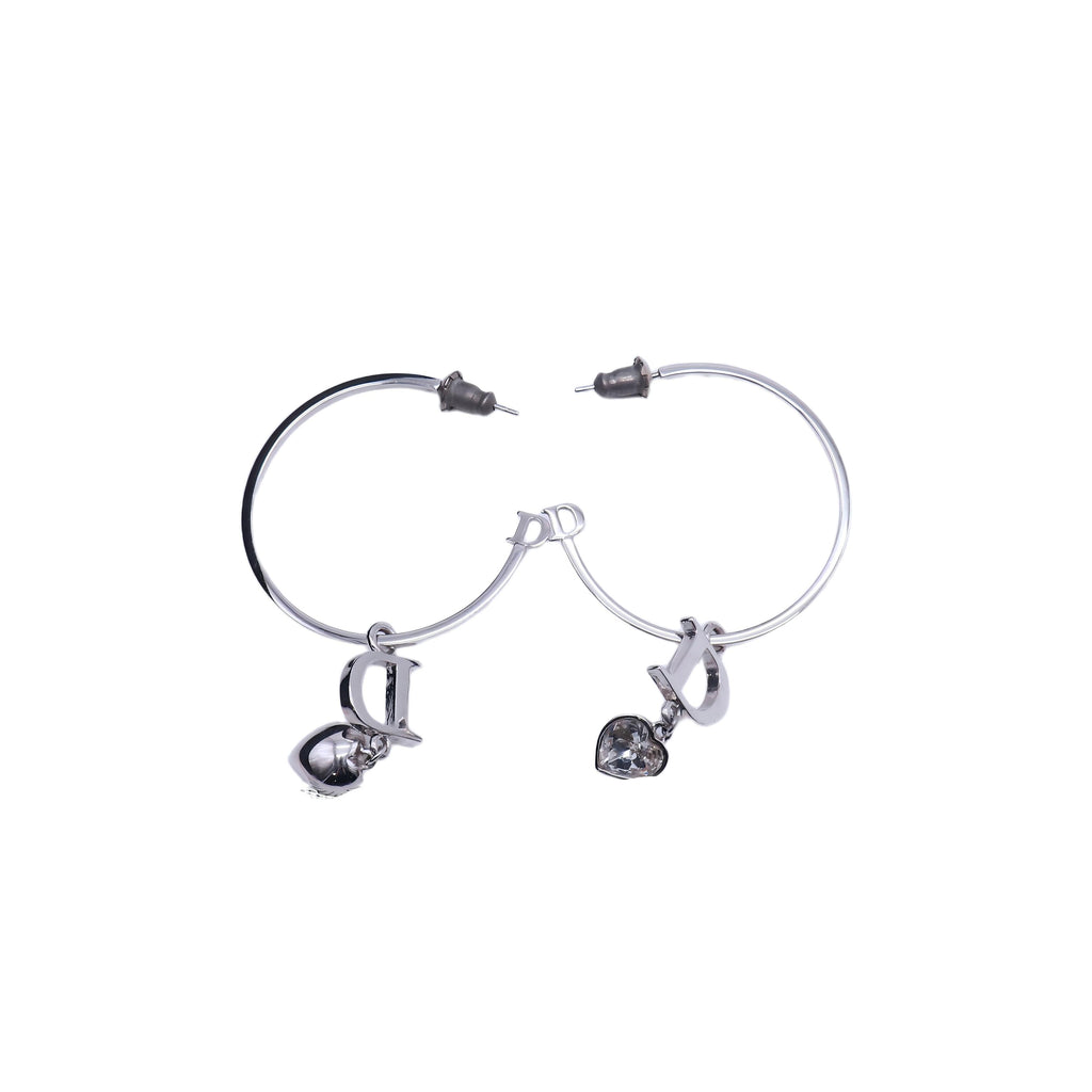 Christian Dior Vintage Crystal 'D' Logo Heart Charm Hoop Earrings W21433
