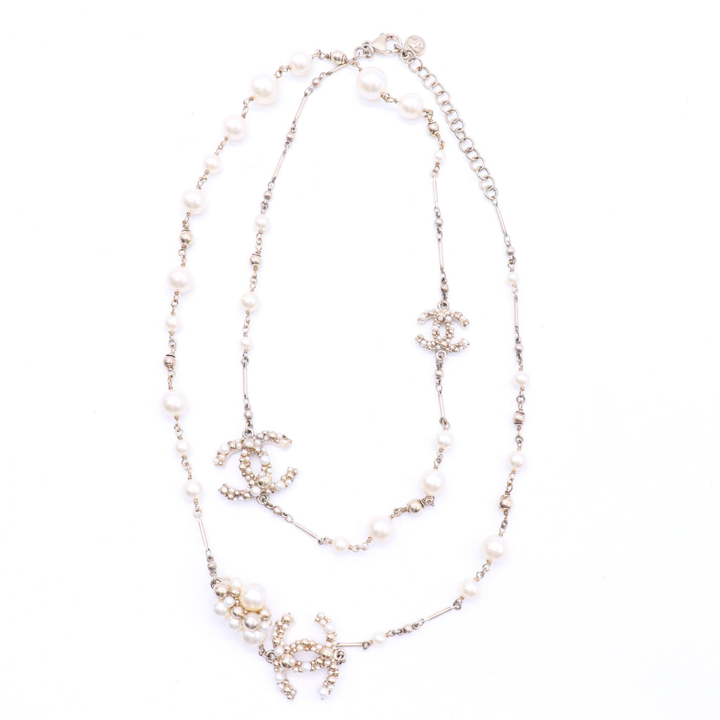 Pearl Crystal Bead CC Long Necklace Black Silver twins