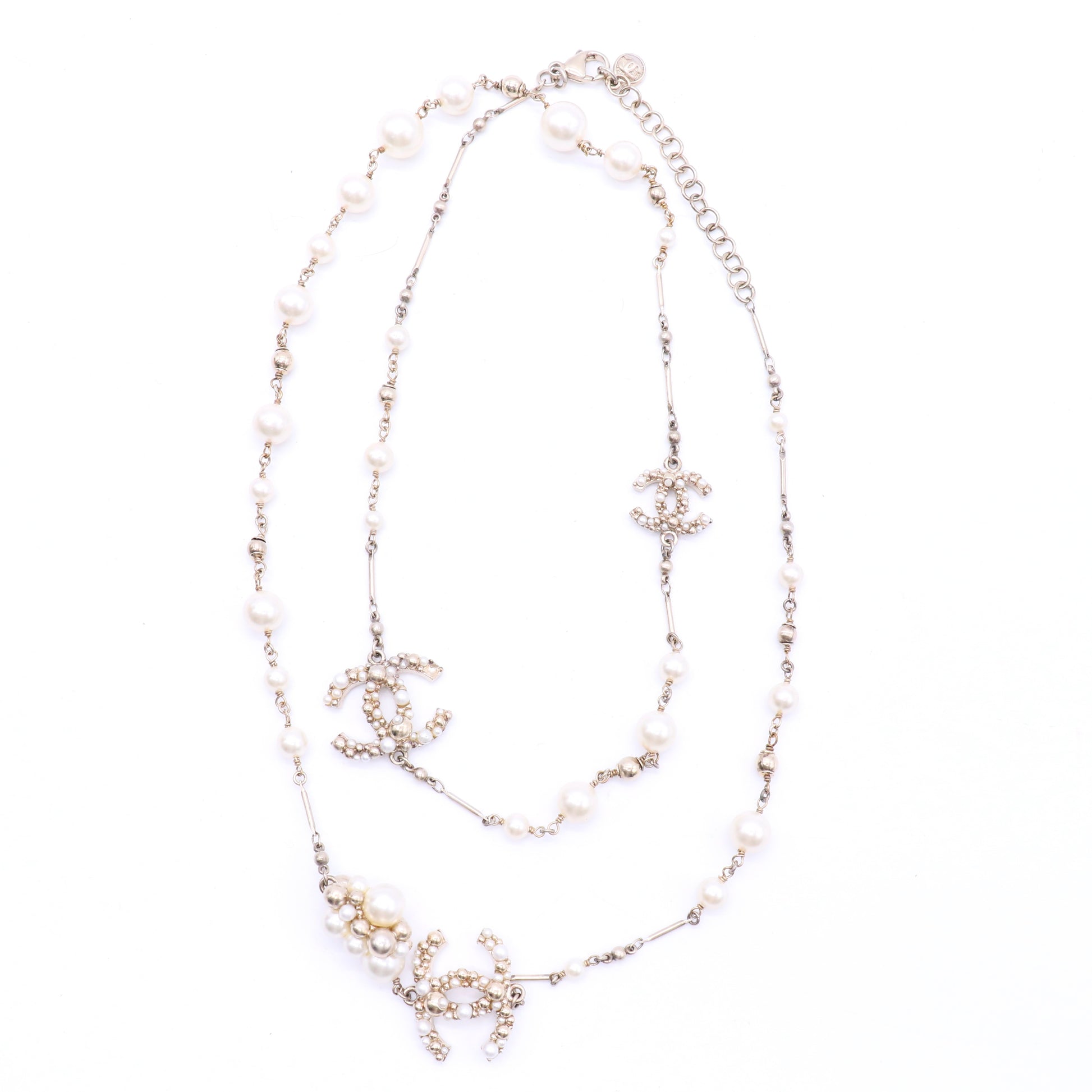 Pearl Crystal Bead CC Long Necklace Black Silver twins