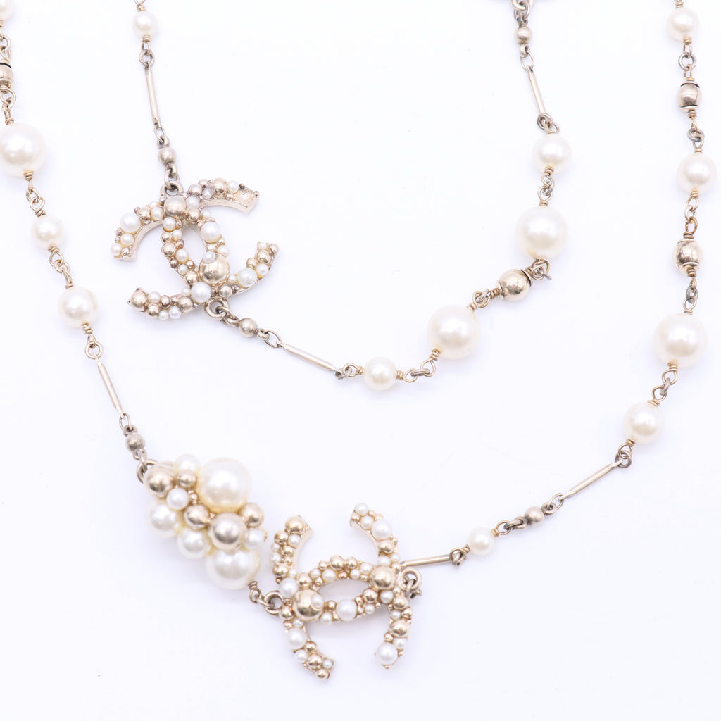 Pearl Crystal Bead CC Long Necklace Black Silver twins