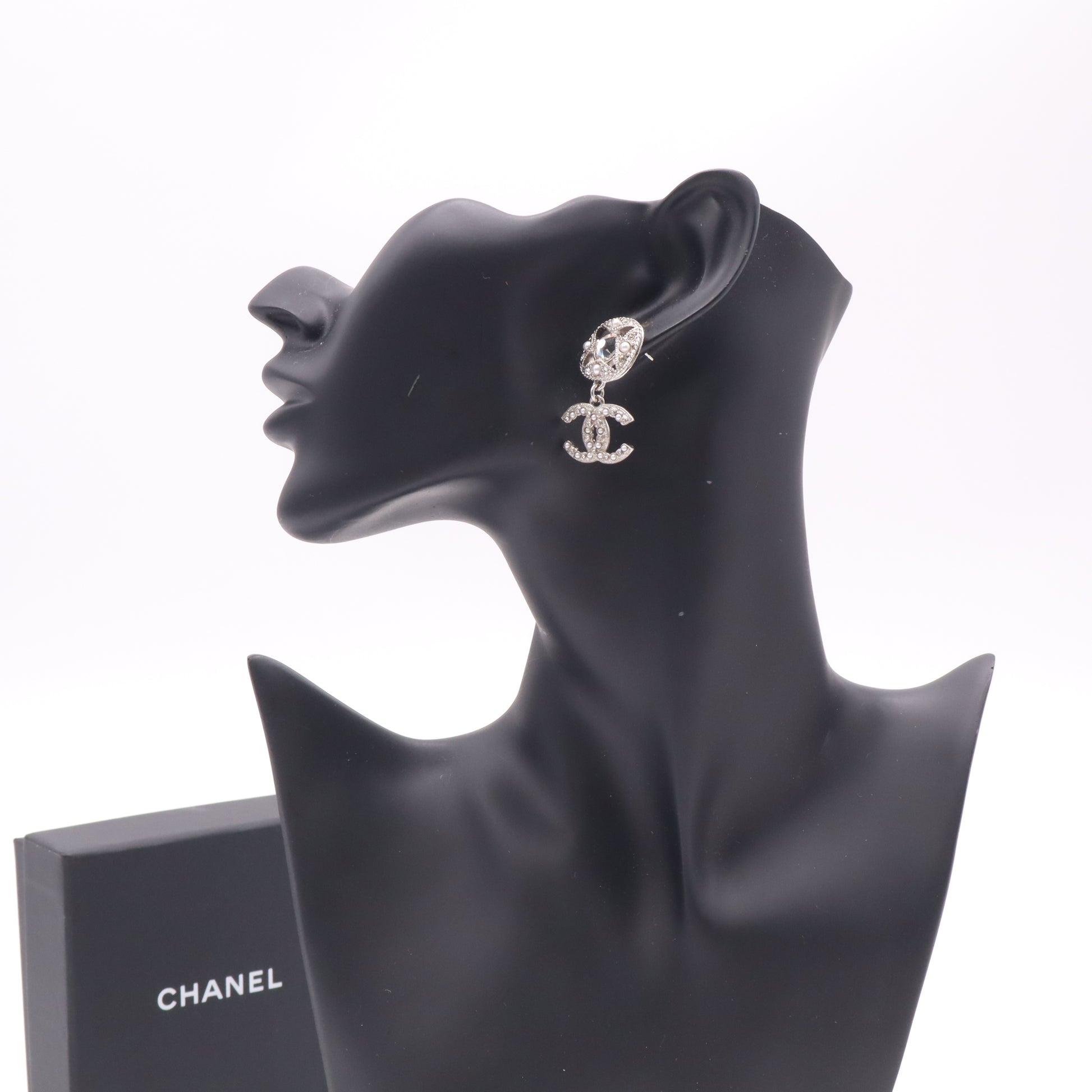 Chanel CC Silver Pearls Crystal Drop Earrings W22496