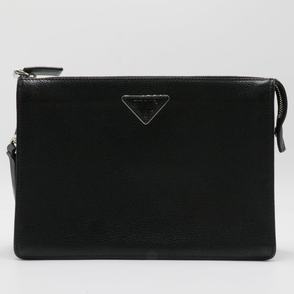 Saffiano enamel triangle logo zipped clutch