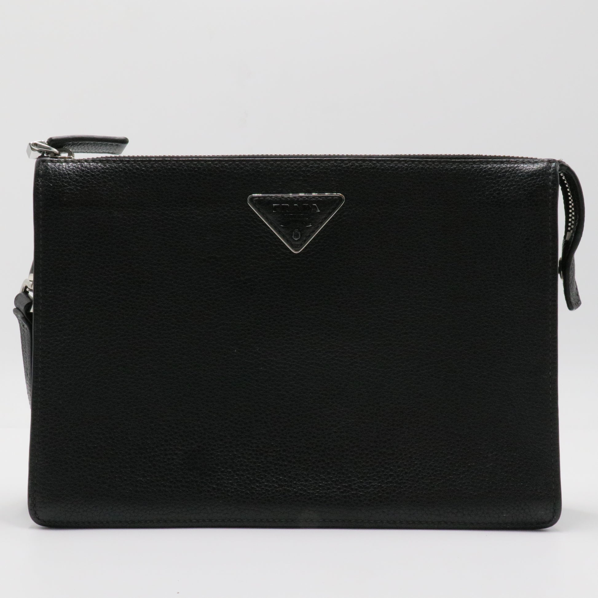 Saffiano enamel triangle logo zipped clutch