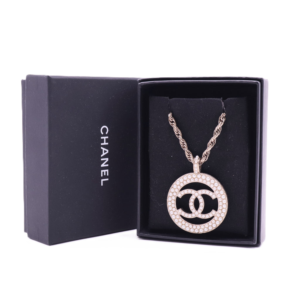 Chanel Gold-Tone Round CC Faux Pearl Pendant Necklace twins