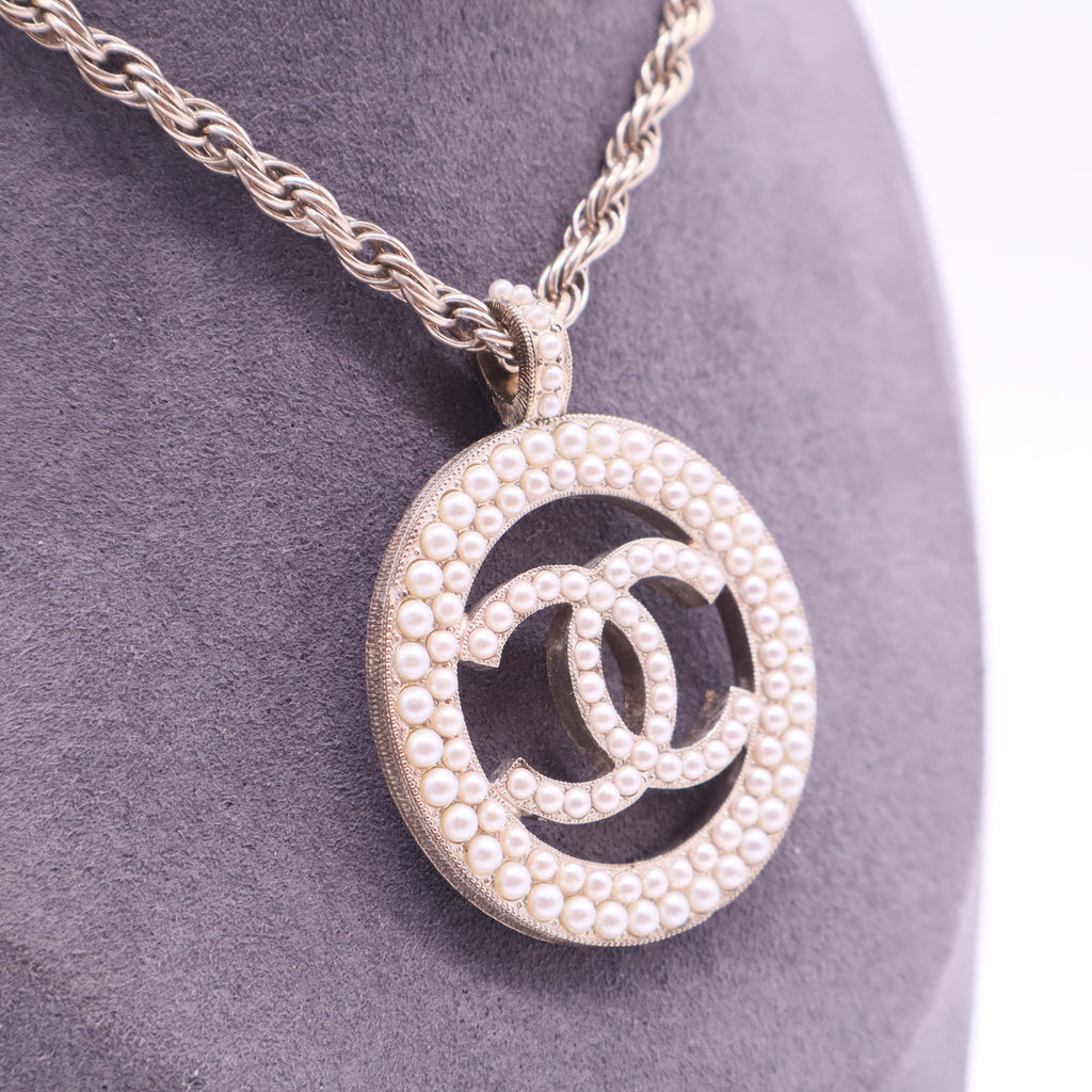 Chanel Gold-Tone Round CC Faux Pearl Pendant Necklace twins