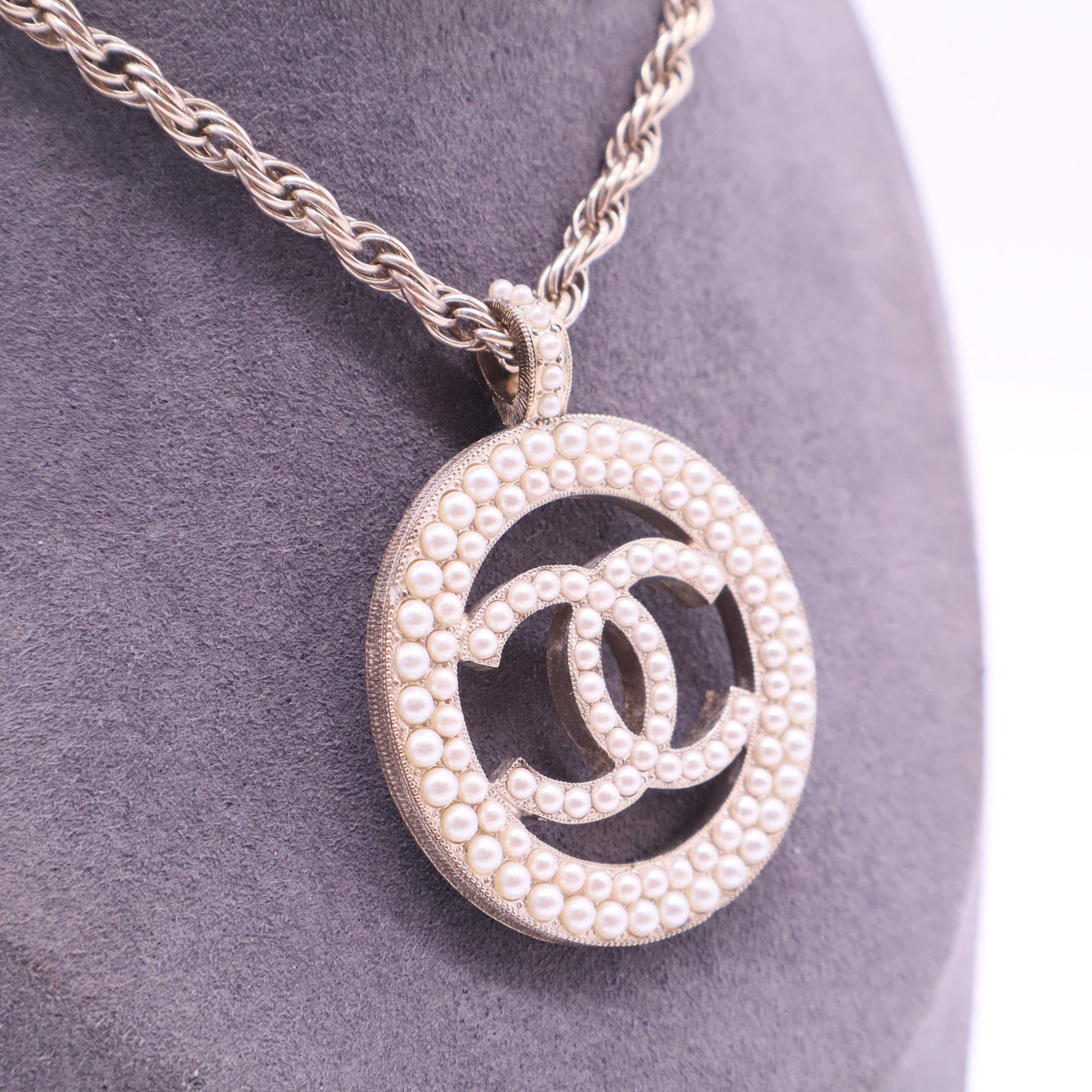 Chanel Gold-Tone Round CC Faux Pearl Pendant Necklace twins