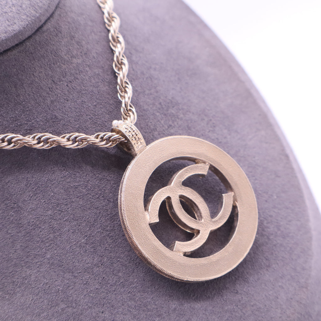 Chanel Gold-Tone Round CC Faux Pearl Pendant Necklace twins