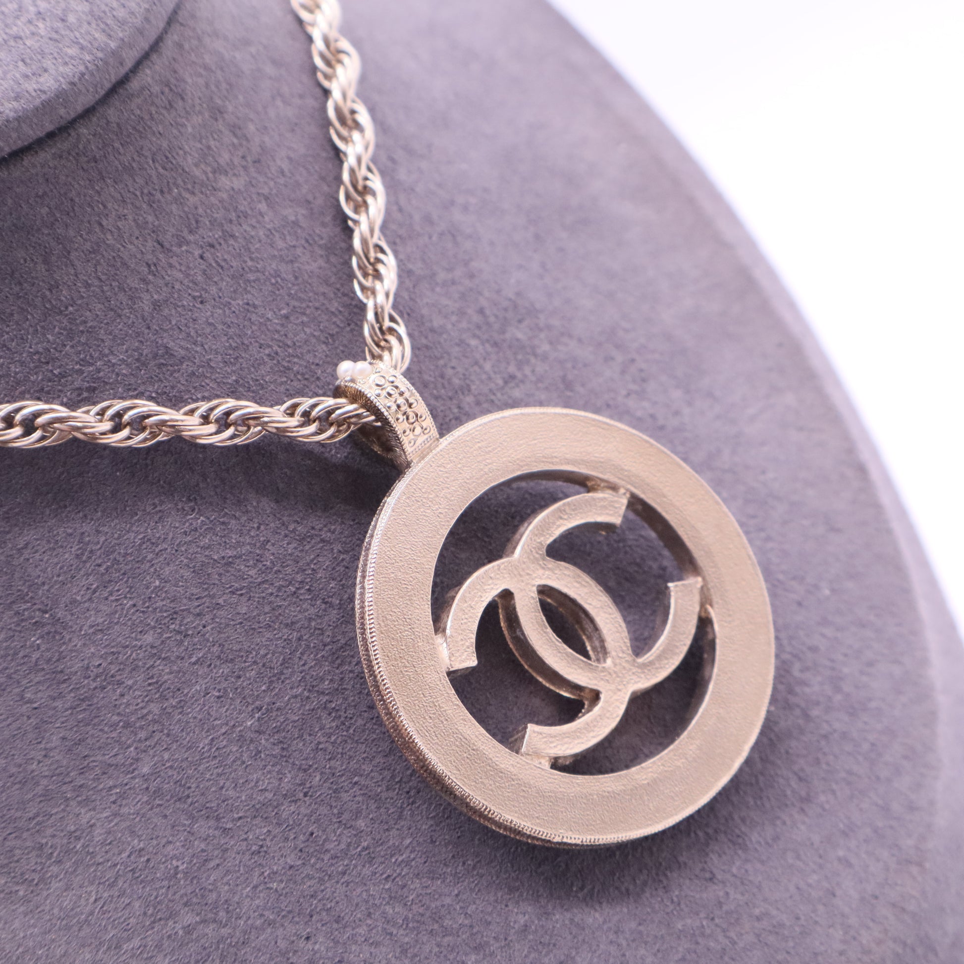 Chanel Gold-Tone Round CC Faux Pearl Pendant Necklace twins