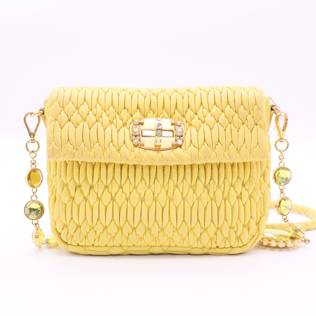 Miumiu Matterasse crystal chain in silver with yellow shoulder strap twins