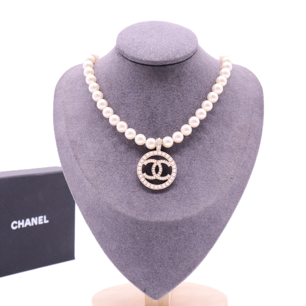Chanel Faux Pearl & Crystal CC Pendant Necklace twins