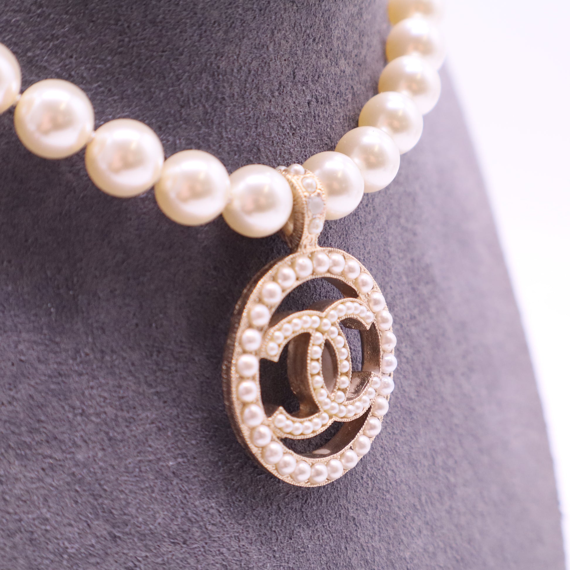 Chanel Faux Pearl & Crystal CC Pendant Necklace twins