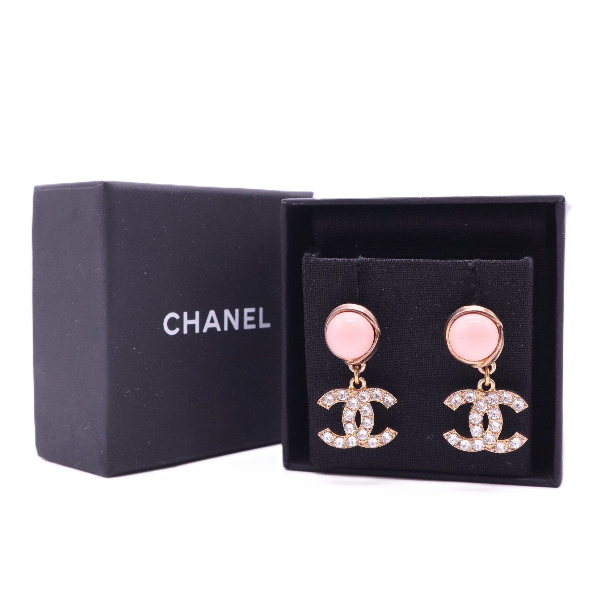 Chanel Gold-Tone Pink Enamel Crystal CC Drop Earrings twins