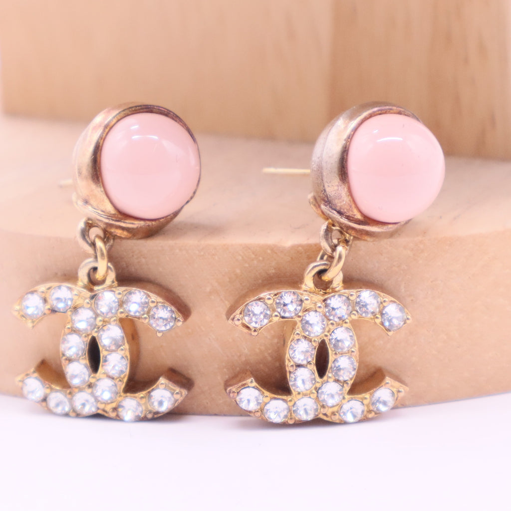Chanel Gold-Tone Pink Enamel Crystal CC Drop Earrings twins
