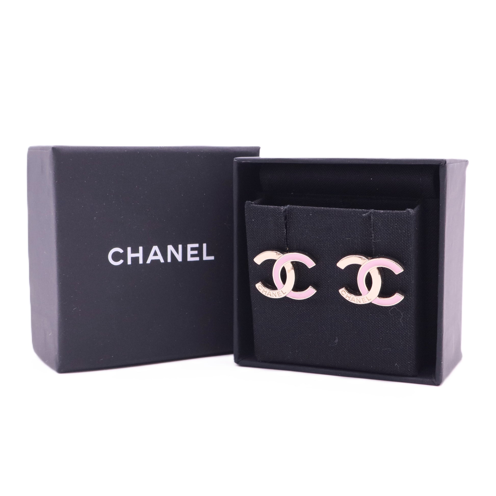 Chanel Gold-Tone Pink Enamel CC Logo Stud Earrings twins