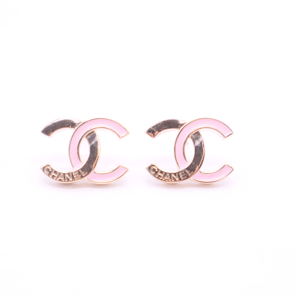 Chanel Gold-Tone Pink Enamel CC Logo Stud Earrings twins