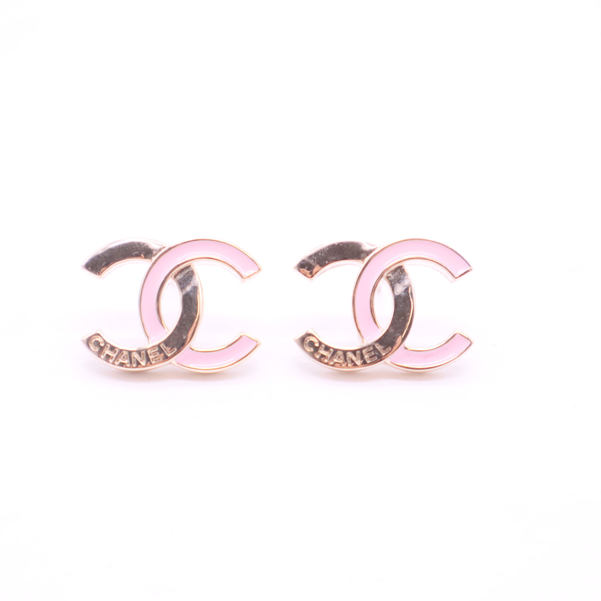 Chanel Gold-Tone Pink Enamel CC Logo Stud Earrings twins