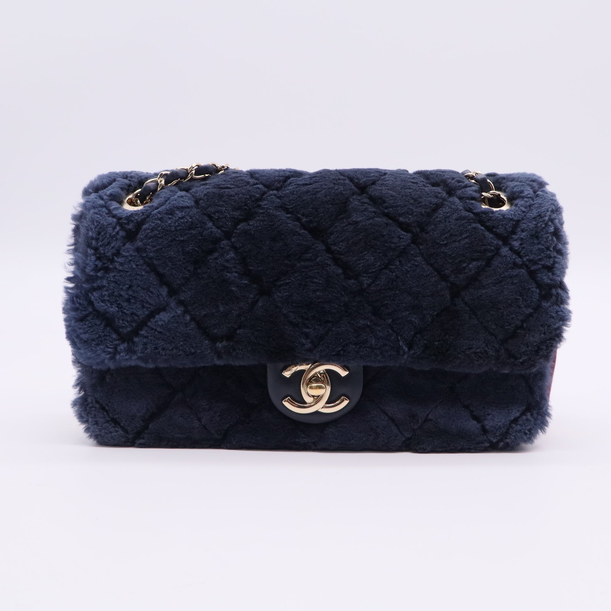 Chanel CC Bar Chain Handle Flap Bag Quilted Shearling Twins LDJ2700
