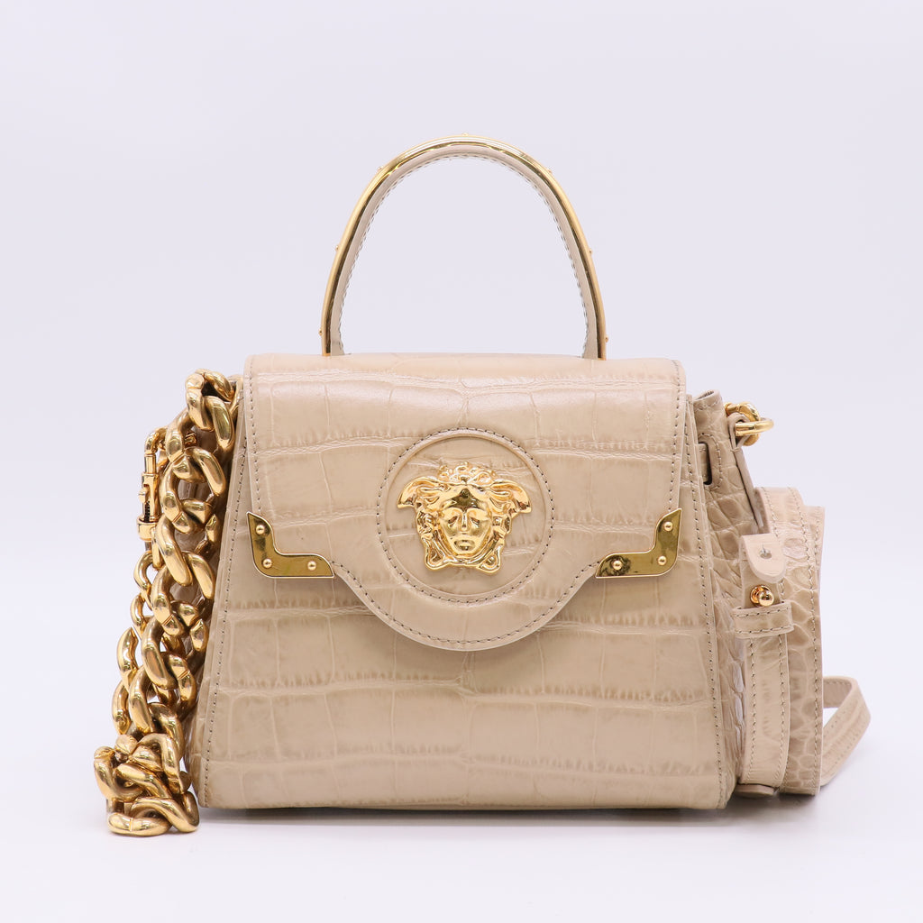 Versace Calfskin Crocodile Embossed Small La Medusa Top Handle Bag Beige twins LDJ5529
