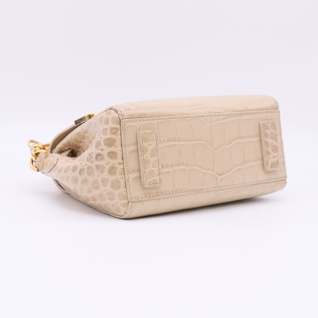 Versace Calfskin Crocodile Embossed Small La Medusa Top Handle Bag Beige twins LDJ5529