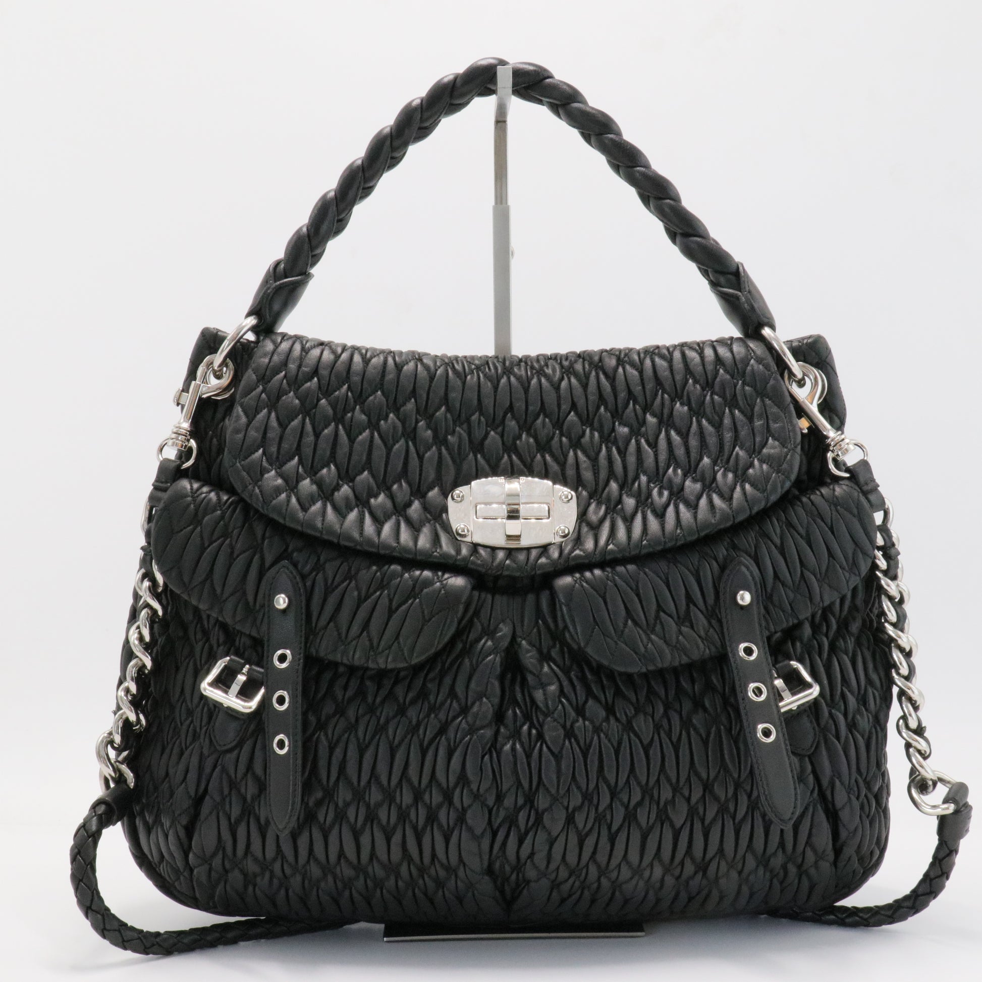 Black Matelasse Leather Turnlock Flap Hobo