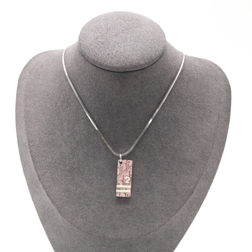 Christian Dior Vintage Pink Oblique Trotter No. 2 Plate Pendant Necklace twins LDZ877