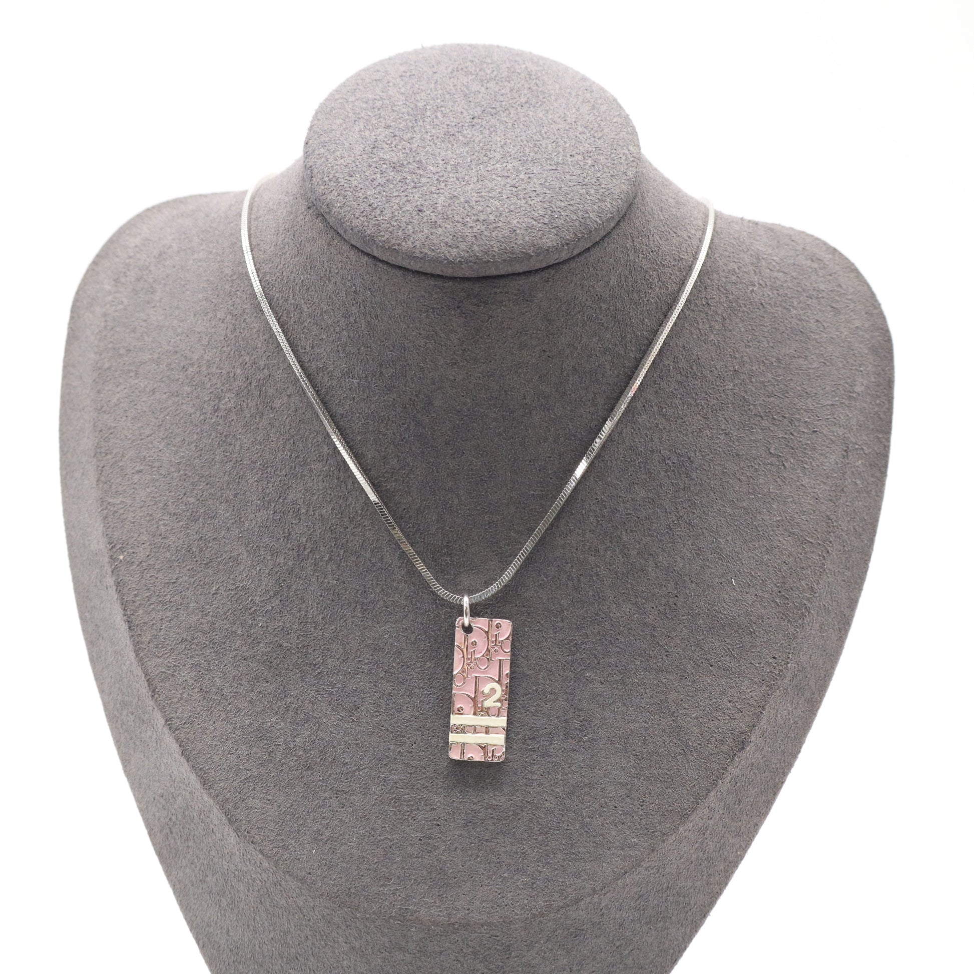 Christian Dior Vintage Pink Oblique Trotter No. 2 Plate Pendant Necklace twins LDZ877