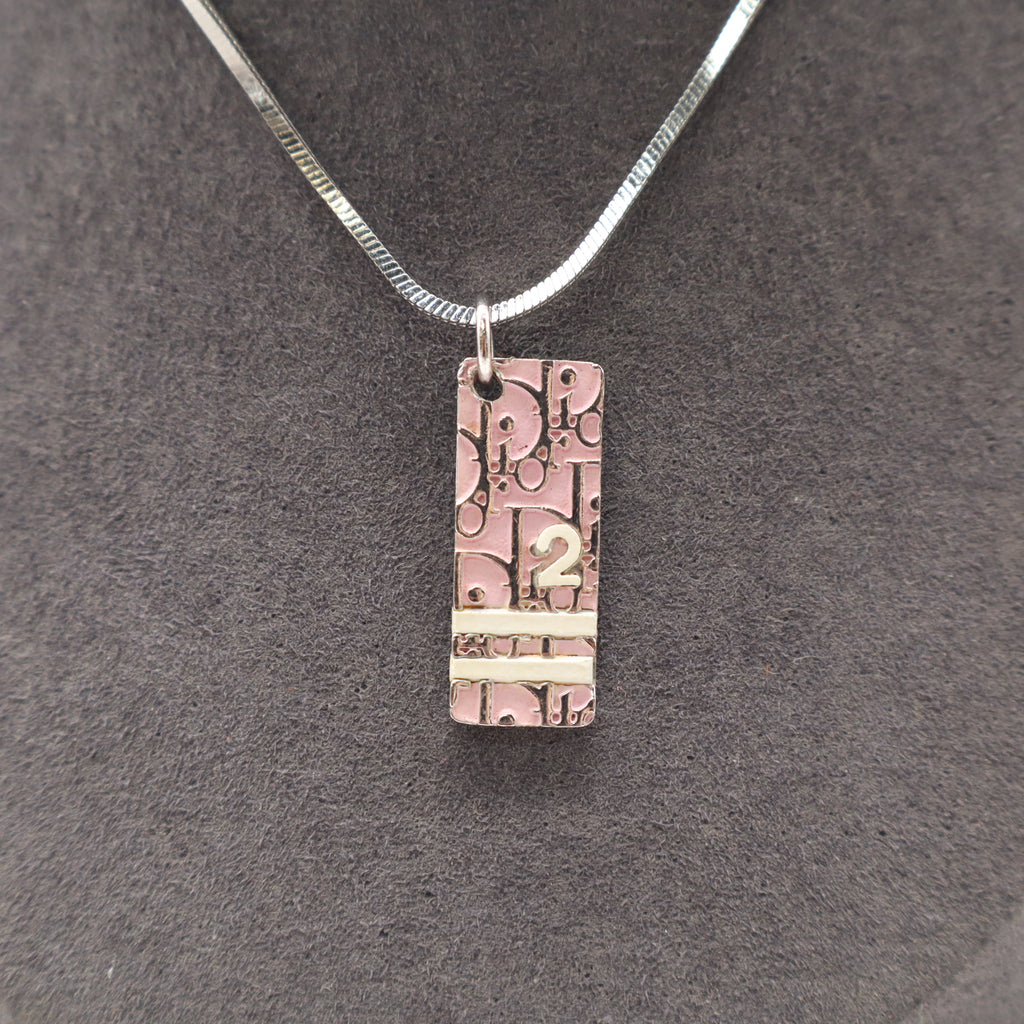 Christian Dior Vintage Pink Oblique Trotter No. 2 Plate Pendant Necklace twins LDZ877