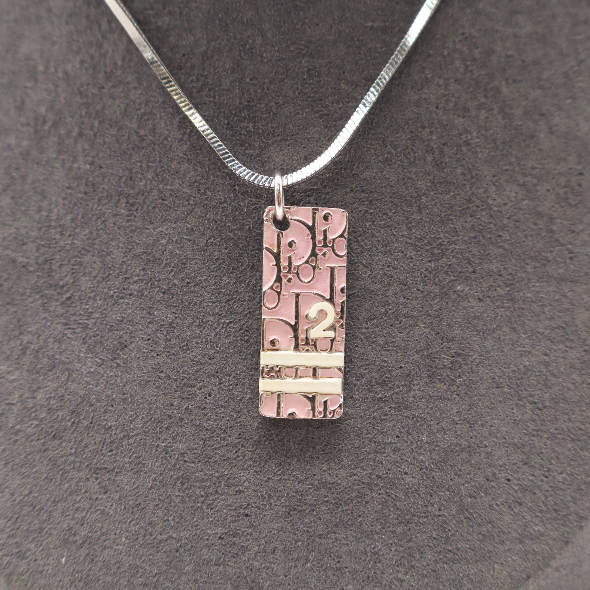 Christian Dior Vintage Pink Oblique Trotter No. 2 Plate Pendant Necklace twins LDZ877