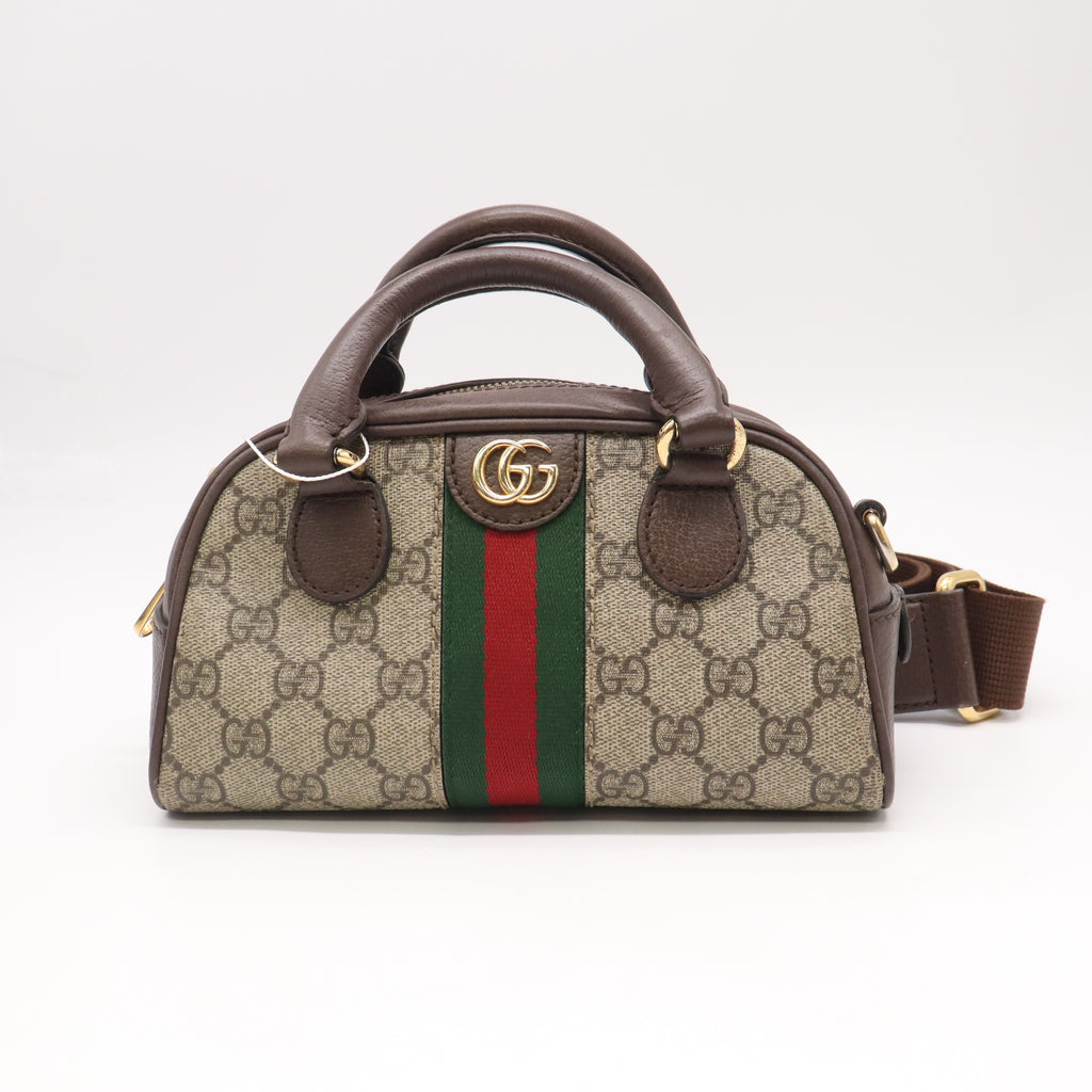 Gucci GG Supreme Monogram Textured Dollar Calfskin Web Mini Ophidia Top Handle Bowler Bag Beige Ebony New Acero twins LDJ5552