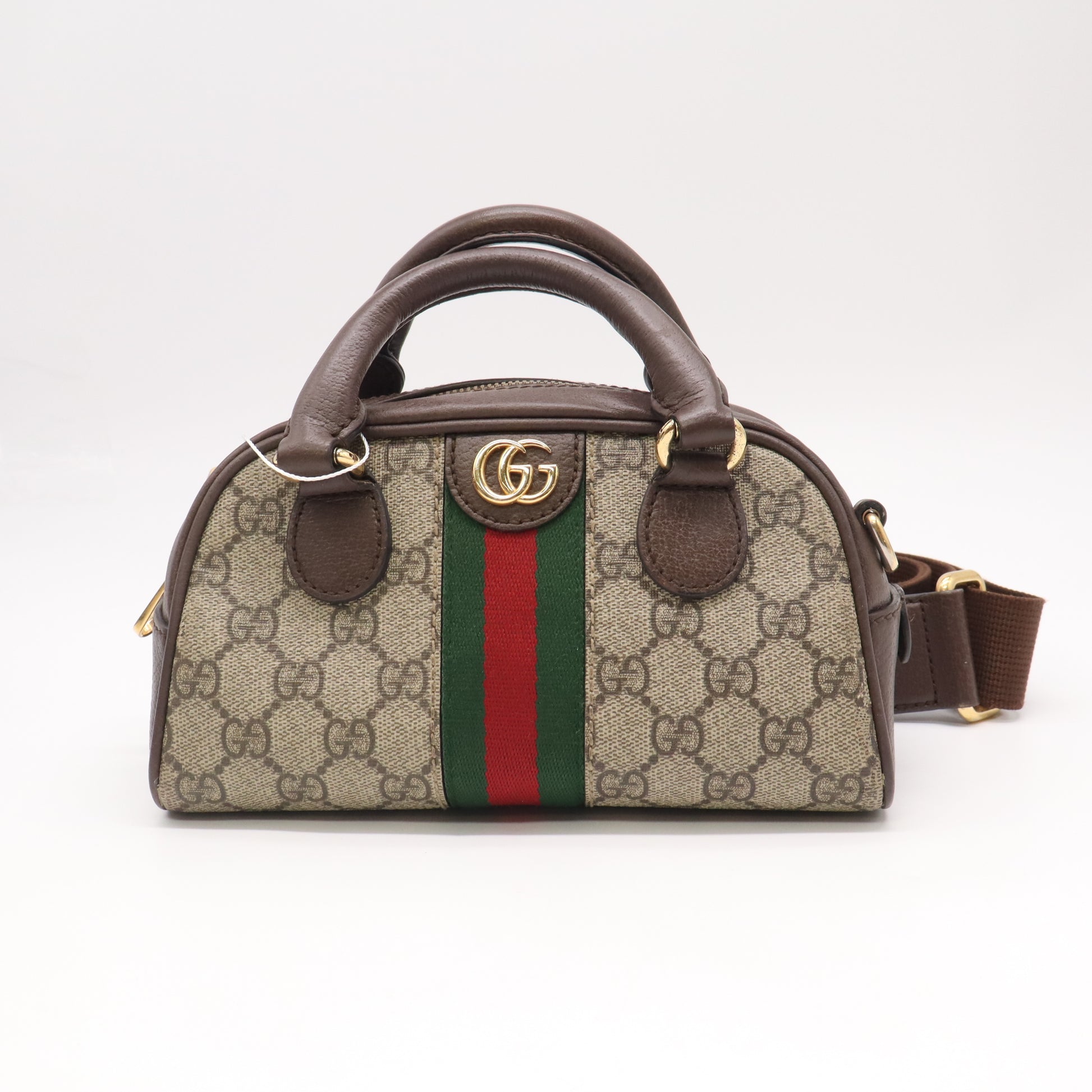 Gucci GG Supreme Monogram Textured Dollar Calfskin Web Mini Ophidia Top Handle Bowler Bag Beige Ebony New Acero twins LDJ5552
