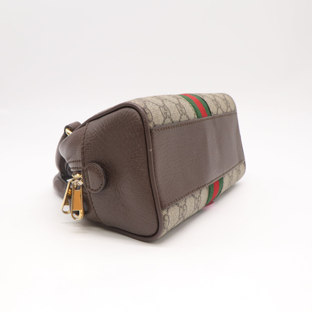 Gucci GG Supreme Monogram Textured Dollar Calfskin Web Mini Ophidia Top Handle Bowler Bag Beige Ebony New Acero twins LDJ5552