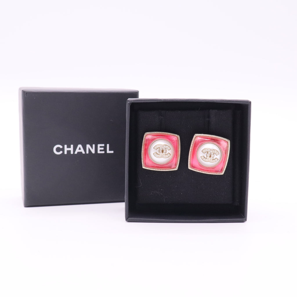 Resin CC Square Earrings Gold Pink Twins