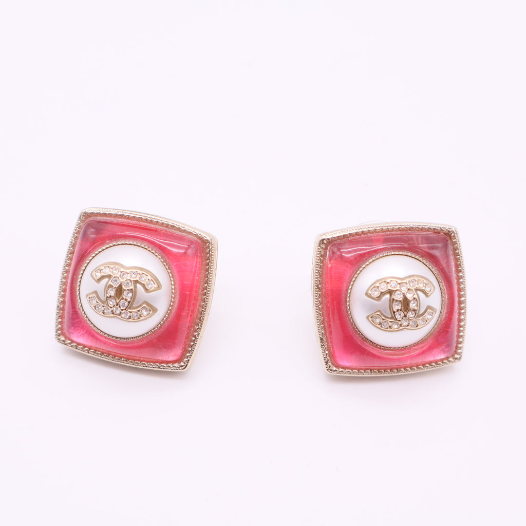 Resin CC Square Earrings Gold Pink Twins