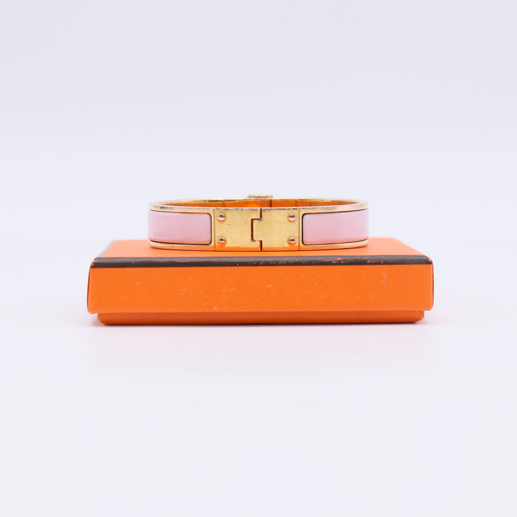 Hermes Enamel Charniere Uni Narrow Hinged Bracelet Rose Candeur twins W23029