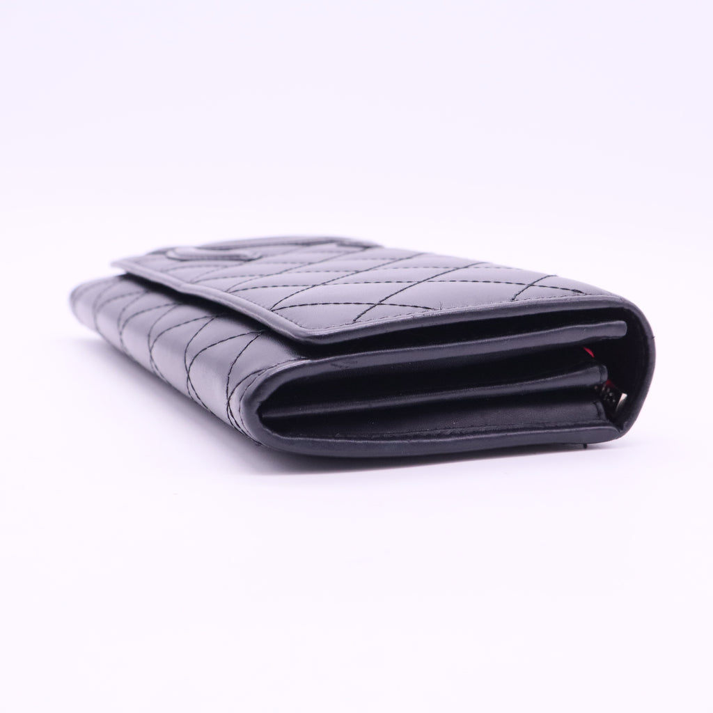 Calfskin Quilted Cambon Gusset Flap Wallet Black