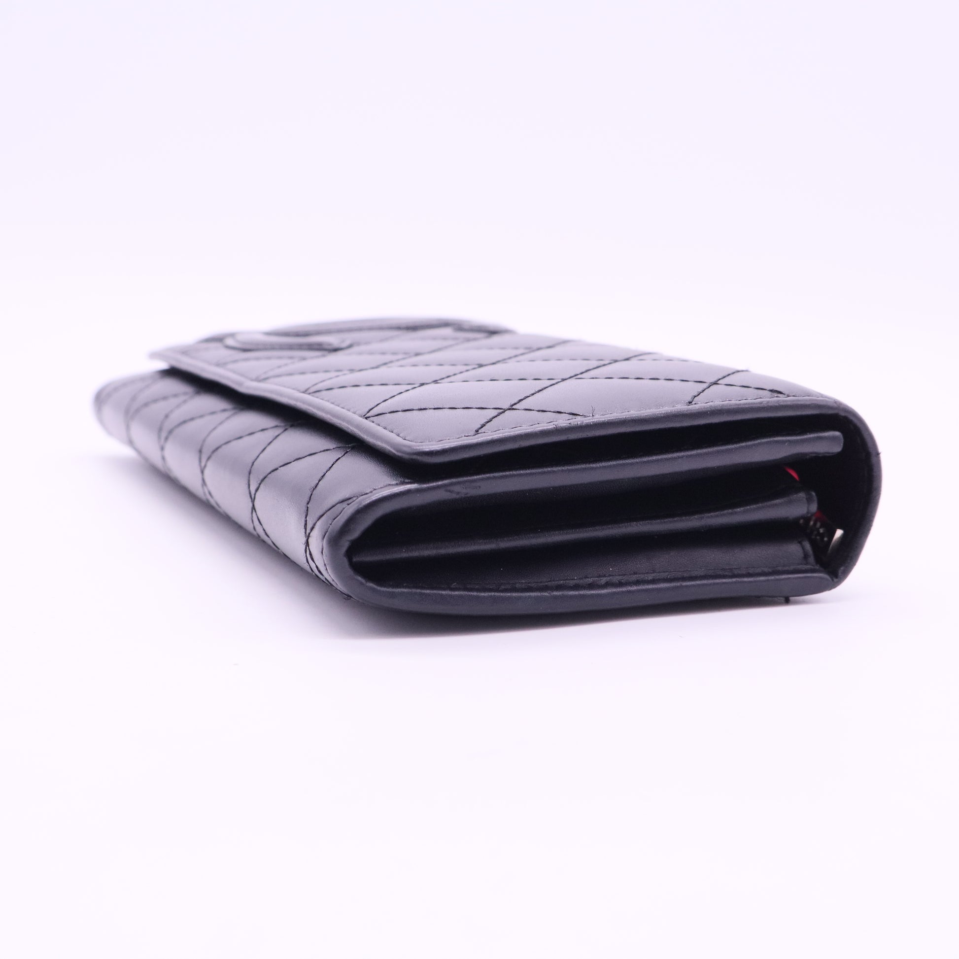 Calfskin Quilted Cambon Gusset Flap Wallet Black