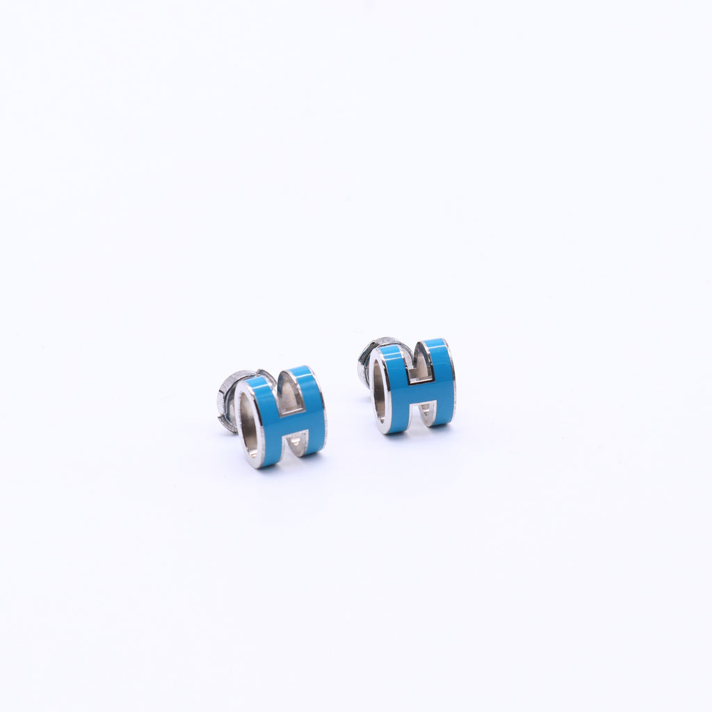 Hermes Palladium Lacquered Mini Pop H Earrings Bleu Jean twins W21447