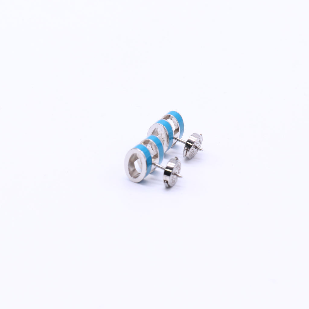 Hermes Palladium Lacquered Mini Pop H Earrings Bleu Jean twins W21447