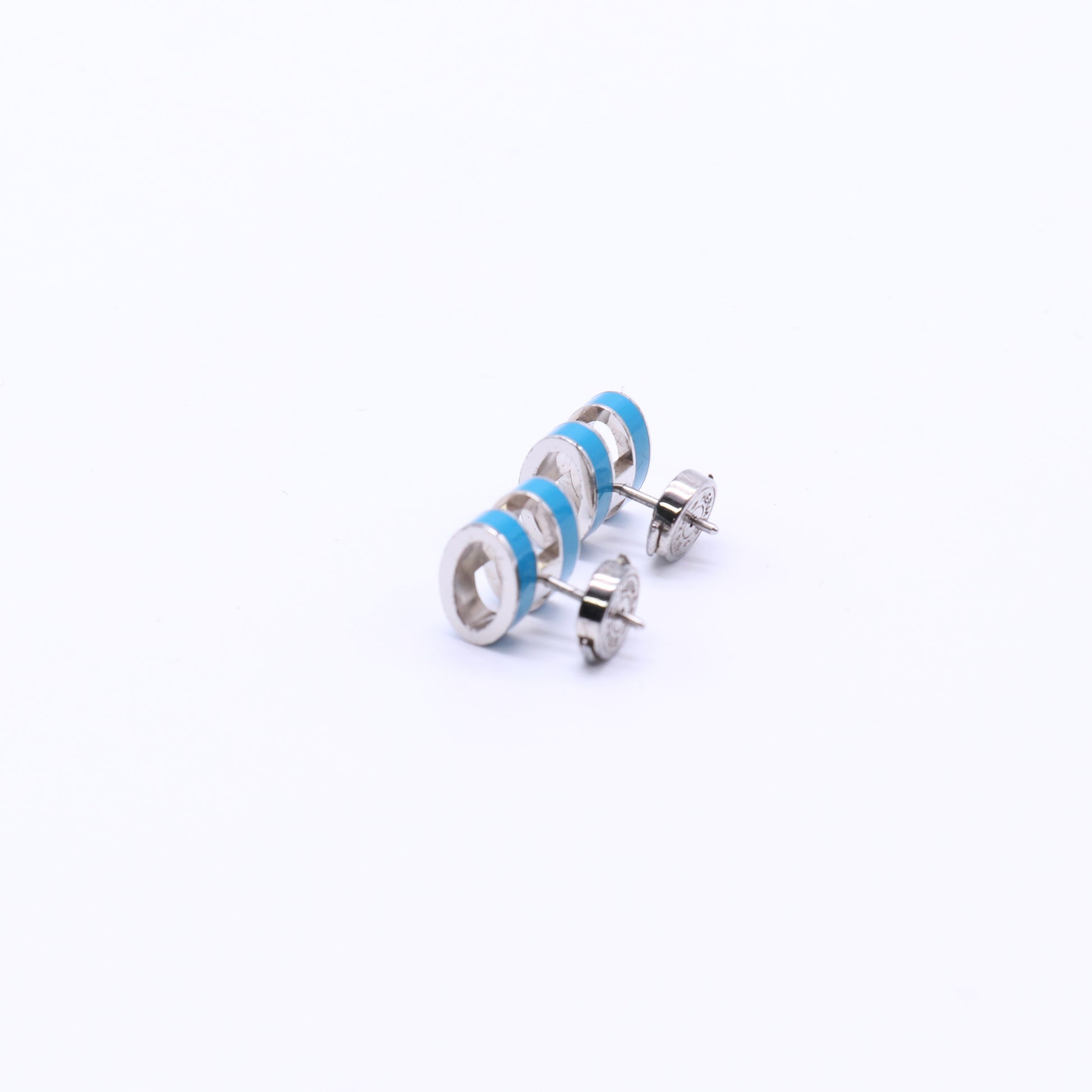 Hermes Palladium Lacquered Mini Pop H Earrings Bleu Jean twins W21447