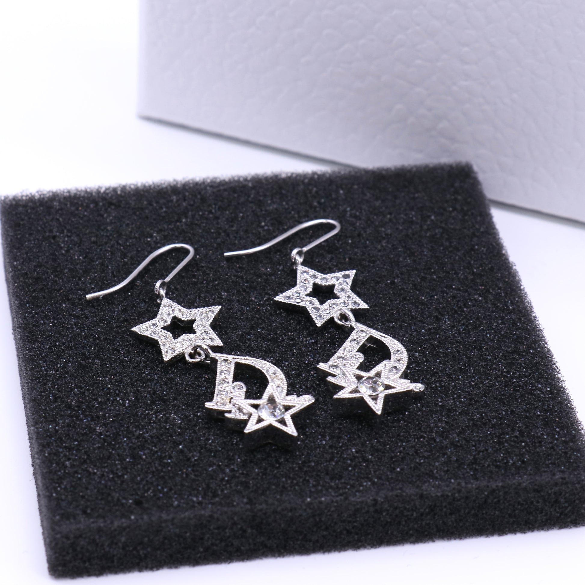 Christian Dior Logo Star Rhinestone Silver Tone Earrings twins W21436